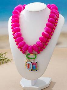OABE Set Kalung Manik-Manik Gaya Bohemian untuk Liburan Pantai Warna Merah Mawar dengan Liontin Makhluk Laut, 2 Buah/Set, Cocok untuk Wanita - MultiWarna - View 7