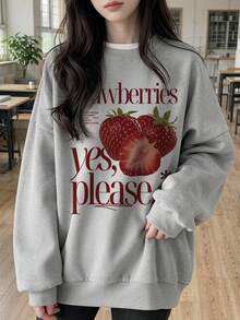 Vintage Strawberry Print Crew Neck Sweatshirt Women Loose Oversize Casual Versatile Long Sleeve Top - Light Grey - View 5