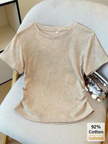 New Khaki Short Sleeve T-Shirt Women, Cropped Casual Top With Drawstring Design, Stylish And Slimming, Spring/Summer - Khaki - View 2