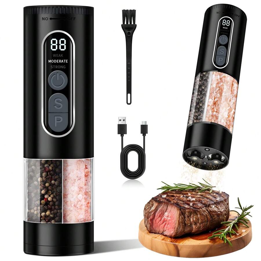 Salt And Pepper Grinder Set - Dual Chamber Design, Adjustable Size, Ceramic Grinding Mechanism, Dual Use, USB Rechargeable - Durable Modern Style - Automatic Black Pepper And Sea Salt Spice Grinder Set, Adjustable Coarseness, With LED Light, Refillable