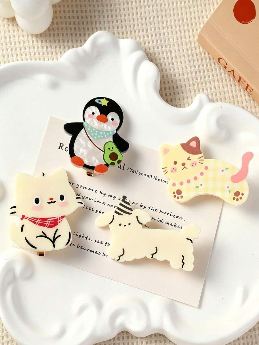 4pcs Cute Penguin & Puppy Hair Clips, Animal Pattern Bangs Clips, Creative Alligator Hair Clips, Y2K Sweet Girl Side Clips, Versatile Luxury Hair Clips, Suitable For Various Hairstyles - Multicolor - View 1