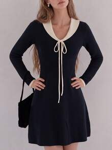 Women's Knitted Mini Sweater Dress, Contrast Color Collar And Drawstring Design, Long Sleeve Slim Fit Autumn/Winter Casual Style - Black - View 4
