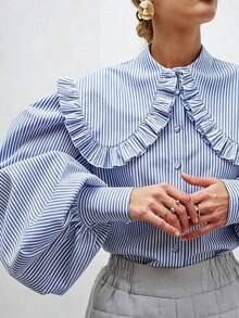 Elegant Women's Striped Peter Pan Collar Blouse With Ruffle Trim And Buttons, Long Sleeve Summer Tops - Blue - View 8
