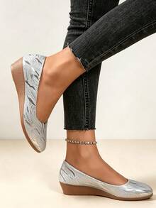 Women's Matte Glitter Thick Sole Wedge Pumps, Casual Outdoor Work Shoes, Flat Shoes - Silver - View 6