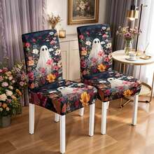 1/4/5/6/7/36pcs Halloween Series Pure White Ghost Pattern Print Chair Covers/Chair Slipcovers Set, Suitable For Indoor Home, Restaurant, Hotel, Ideal Choice For Modern Daily Decoration. Tablecloth Suitable For Square Dining Table, Elastic Chair Covers Are Washable. - Multicolor - View 4