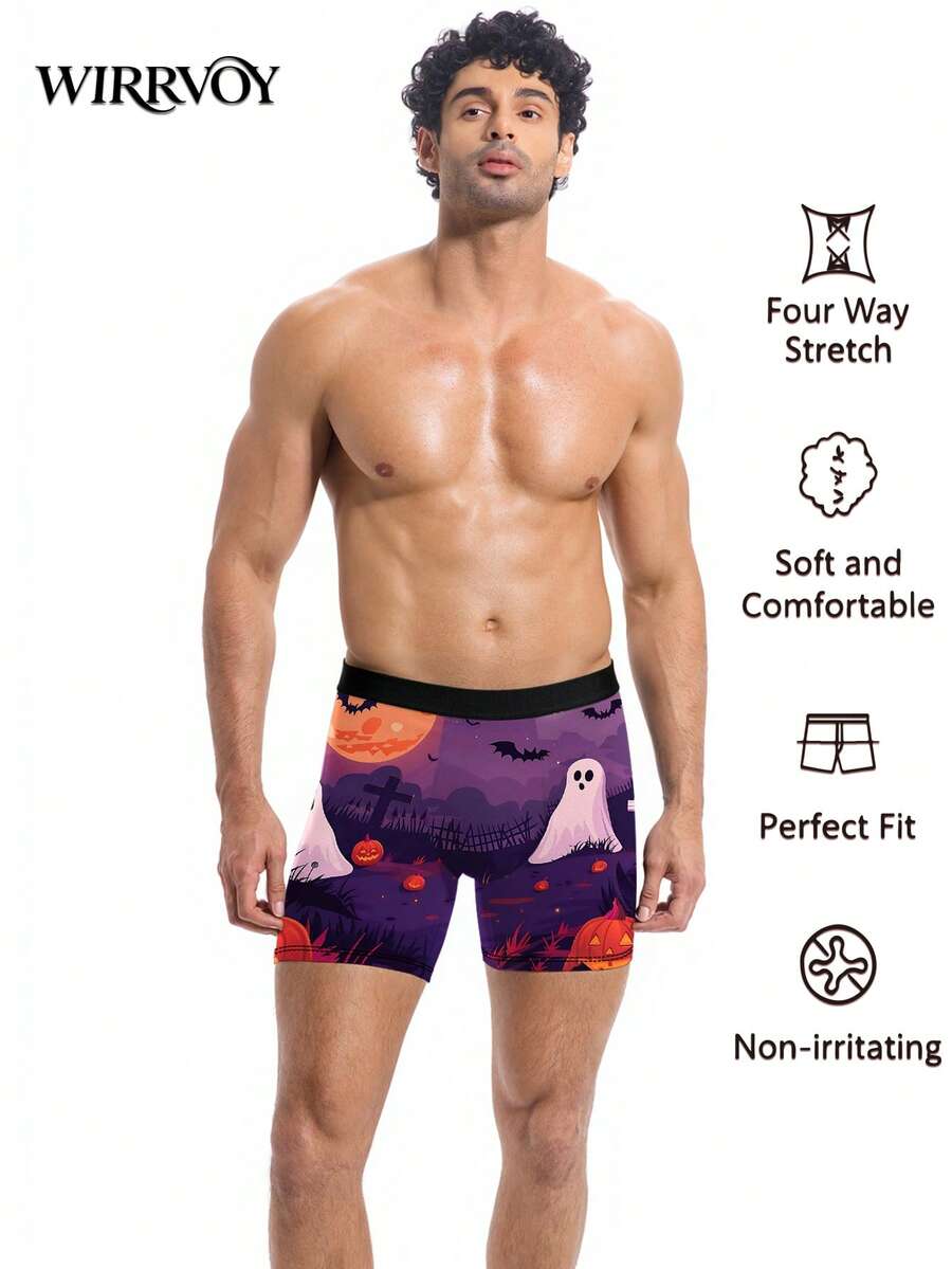 1Pc Men's Boxer Briefs, Purple Gradient Halloween Cemetery Scene Print With Ghost Pumpkin Bat Moon, Holiday Style Underwear For Daily Casual Wear - Multicolor - View 1
