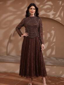 JINLICX Dark Brown High Neck Beaded Mesh Long Sleeve Lace Maxi Dress Luxury Formal Evening Gown For Wedding Banquet - Coffee Brown - View 2