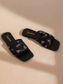 French Floral Mesh Square Toe One-Strap Flat Slide Sandals For Women, Summer Outdoor Wear, Fairy Style Vacation Slippers - Black - View 3