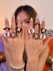 1/3/5pcs Custom Photo Face Ring, Personalized Bat Spider Web Acrylic Finger Rings,Customized Face Rings, Halloween Gothic Rings,Party Decorations - Multicolor - View 6