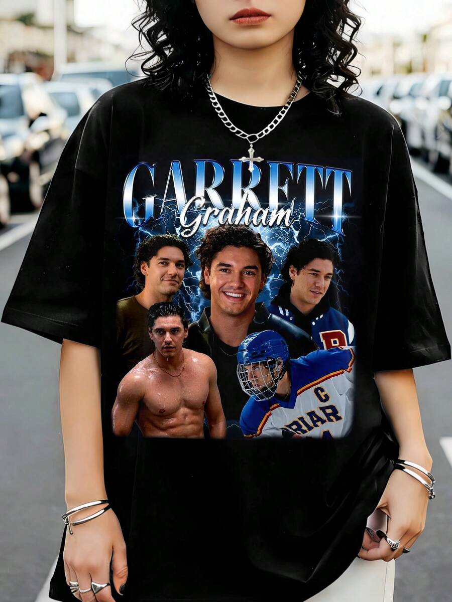 Garrett Graham Off Campus Graphic T Shirt Retro Bootleg Lightning Print Casual Short Sleeve Tee - 黑色 - 查看 1