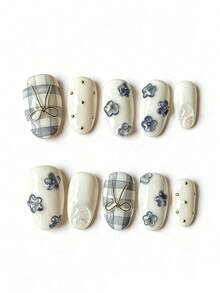 10 Styles Handmade Short Oval Nail Stickers, Blue White Gold Plaid Floral Bow Pattern, Cute & Fashionable, Suitable For Spring Autumn Winter Holidays And Daily Wear - Blue and White - View 3