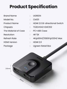 UGREEN 2-Port HDMI 切換器 4K 60Hz 切換器/分配器，相容於 Switch、Xbox、PS4/5、螢幕、電視盒 - 黑色 - 查看 9