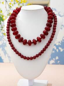 OABE Bộ 2 dây chuyền phong cách Bohemian màu đỏ rượu vang đính hạt, gồm hạt oval và hạt tròn, phù hợp cho nữ đeo hàng ngày - Màu Đỏ Sâu - Xem 7