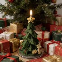Christmas Tree Shaped Decorative Candle, 3D Sculpted Wax Ornament With Bear & Gift Box Detail, Aesthetic Tabletop Decoration For Xmas Holiday Party Home Decor Gift - 1PC - View 5