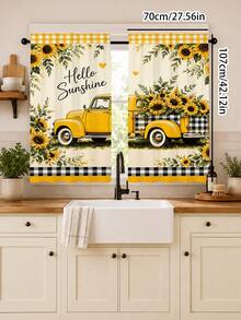 2pcs Beige American Country Style Printed Curtains, Vintage Yellow Pickup Truck Loaded With Sunflowers, Black White Yellow Plaid Trim, Hello Sunshine Heart Pattern, Pastoral Healing Living Room Bedroom Soft Light Semi-Sheer Curtains - Multicolor - View 11