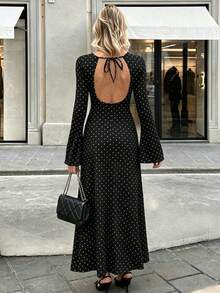 Women's Black And White Polka Dot Dress, Autumn Vintage Elegant Sexy Round Neck Flare Sleeve Backless Casual Dress, Suitable For Evening Party, Party And Other Occasions - Black - View 2
