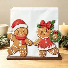 2Pcs Christmas Gingerbread Wooden Napkin Holder Set, Gingerbread Tree & Gingerbread Man Couple Tabletop Napkin Dispenser, Xmas Holiday Dinner Table Decor, Festive Home Kitchen Party Decoration Christmas Gift - Gingerbread Collection - View 3