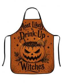 1pc Halloween Themed Apron, Vintage American Halloween Slogan Print, Polyester, 55*68cm, Home Cooking Baking Anti-Stain Apron, Halloween Party Kitchen Gift Workwear - Multicolor - View 13