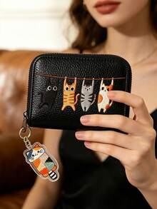Colorblock Kitten Hanging Ornament, Cute Cat Swinging Print Pattern, Lychee Textured Leather Coin Purse Card Holder, Small Zipper Wallet Mini Storage Bag, Kitten Keychain Accessory, Portable Zipper Card Sleeve Coin Pouch, For Women Girls Teenagers Daily Use, Travel Shopping Dating Office Dorm School Essential, Compact Pocket Wallet Clutch For Cash Cards Coins Keys - Multicolor - View 9