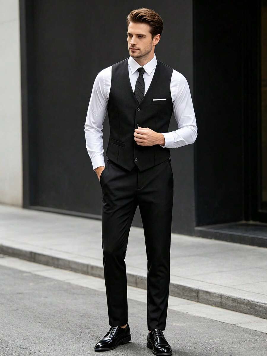 Men's 3 PiecesSuit Set, Elegant Solid Color Slim Fit Gentleman Vest, Pants And Tie Set, Business Commute, Wedding, Party, Ball - Black - View 1