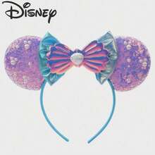 1PC Disney Purple Iridescent Sequin Base Mickey Ears Headband With 3D Pearl Decor, Gradient Mermaid Tail Shell Bow, Dreamy Underwater Mermaid Princess Theme, Versatile Summer Hair Accessory For Theme Parks And Beach Vacations - Multicolor - View 7