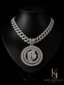 Rotatable B Letter Rhinestone Round Pendant Cuban Chain Set, Silver Heavy-Duty Rhinestone Necklace And Bracelet, American Hip-Hop Cool Accessories For Men - Rotatable Letter B - View 1