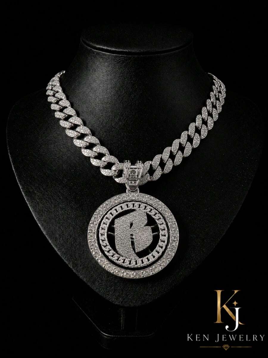 Rotatable B Letter Rhinestone Round Pendant Cuban Chain Set, Silver Heavy-Duty Rhinestone Necklace And Bracelet, American Hip-Hop Cool Accessories For Men - Rotatable Letter B - View 1