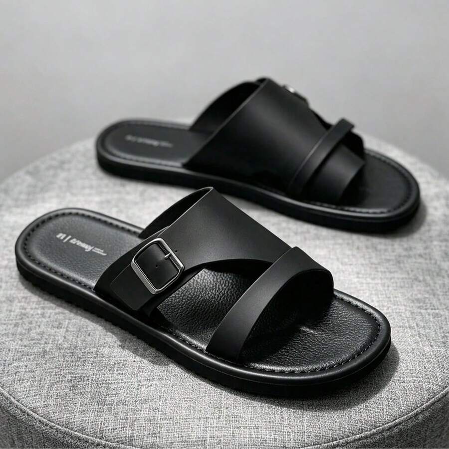 男士夏季涼鞋 時尚百搭男士拖鞋 平底涼拖鞋 拼色設計 極簡風 度假沙灘羅馬涼鞋 - 黑色 - 查看 1