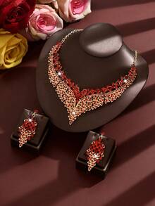 Vintage Palace Style Hollow Leaf V-Shaped Necklace And Earrings 2 Pieces Set, Luxurious Jewelry Set For Wedding Dress, Evening Gown - 1386 - View 3