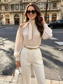 Polka Dot Print Open Shoulder Tie-Up Chiffon Blouse, Summer Vacation White - White - View 6