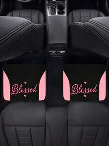 4Pcs Polyester Car Floor Mats, Pink And Black Two-Tone Design Auto Carpets, Warm Letter Pattern Wear-Resistant Interior Accessories For Most Cars - A - View 7
