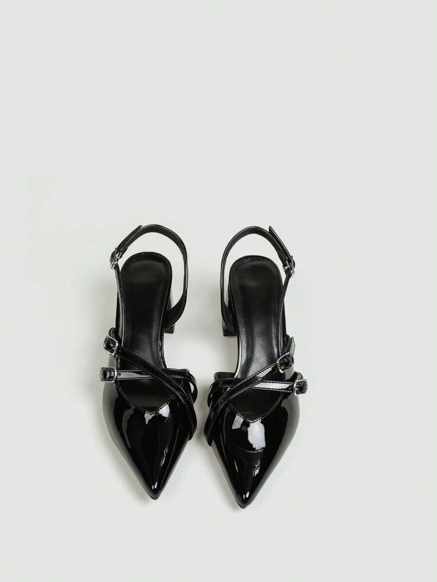 Classic Black Pointed Toe Cross Strap Chunky Heel Shoes, Party & Daily Wear Women's Shoes - Black - View 1