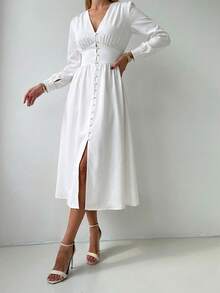 Vestido elegante para mujer con cuello en V, mangas largas abullonadas, cintura alta ceñida con decoración de botones, bajo tipo paraguas, vestido midi de estilo suave para ir al trabajo y citas - Beis - Ver 4