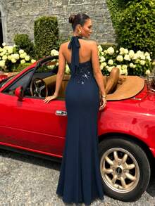UNITHORSE [Random Cut] Halter Backless Waist Cinched Sequin Patchwork Chiffon Evening Dress - Navy Blue - View 3