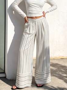 Celana Panjang Wanita Motif Garis-garis Musim Gugur, Celana Panjang Longgar Berlipit Pinggang Tinggi dengan Kantong Samping - Hitam dan Putih - View 9