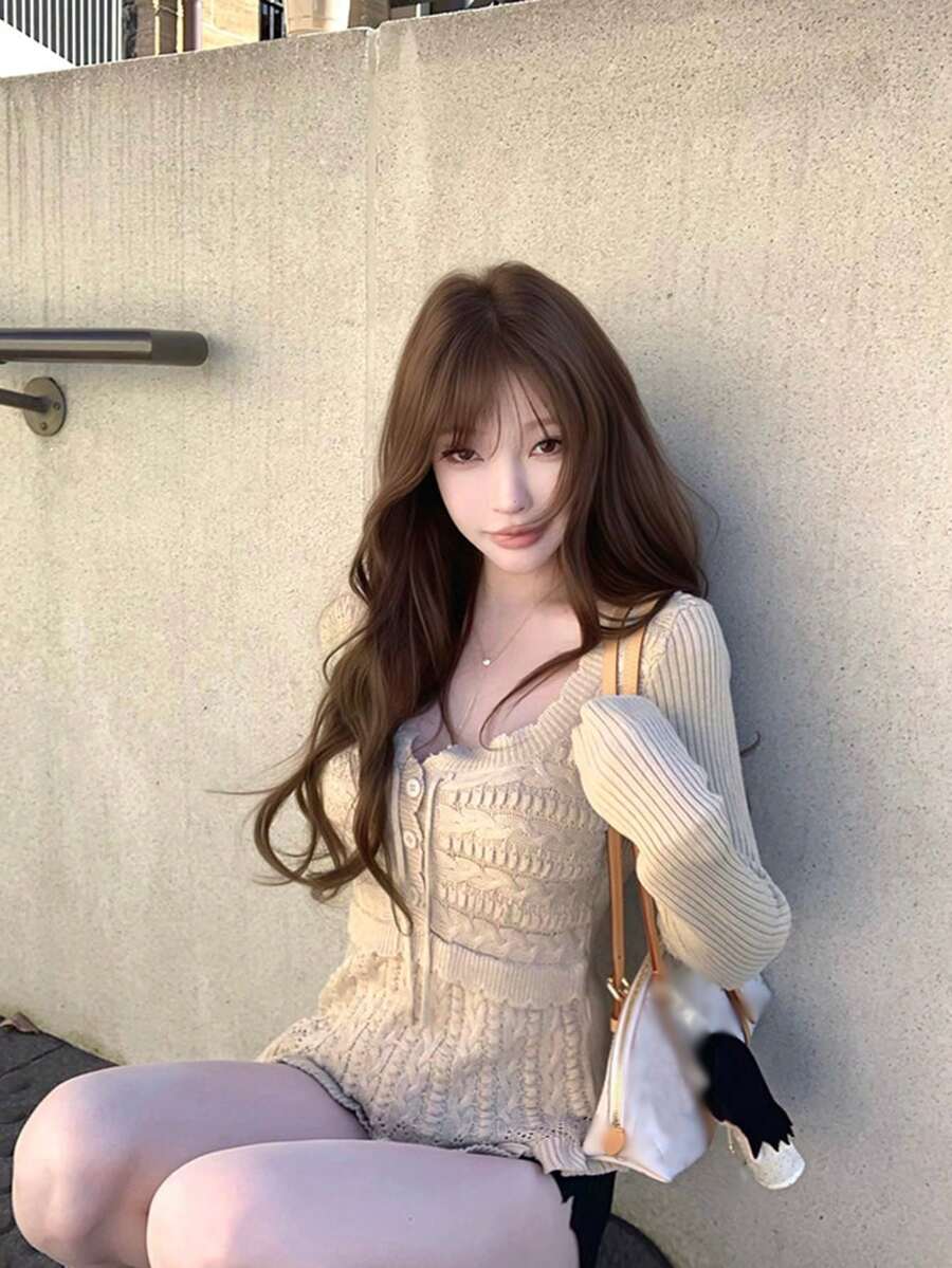 Knitted Textured Patchwork Sexy Style Tie Square Neck Cable Knit Pullover Sweater - Apricot - View 1