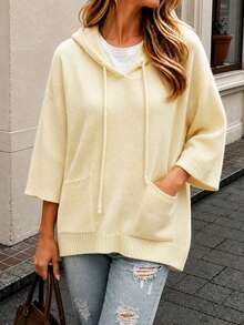 Plus Size Women's Solid Color Knit Fabric Pocket Drawstring Casual Versatile Commute Loose Hooded Pullover Sweater Holiday Daily Date Single Fall - Pale Yellow - View 5