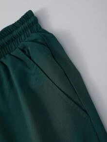 春秋成熟風對比色拼接直條紋短袖單排扣修身襯衫搭配鬆緊腰寬鬆長褲純色2件套，都市休閒通勤，光滑聚酯纖維梭織面料 - 綠色 - 查看 10