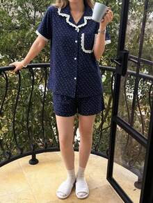 DAZY 2pcs/Set Women's Pajamas Homewear, Lapel Short Sleeve Floral Print With Pockets, Shorts Comfortable, Suitable For Home Leisure - Blue - View 2