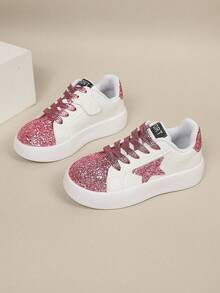 1 Pair Girls' Star Sequin Minimalist Lace-Up Casual White Sneakers Flat Shoes - Pink - View 2