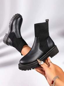 Classic Round Toe Thick Sole Fabric Patchwork Women's Ankle Boots, Autumn/Winter New Slip-On Black Boots - Black - View 2