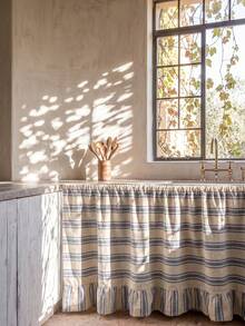 1/2pcs Beige & Blue Horizontal Striped Sink Skirt, Rustic Country Style Fabric Material, Rectangular Top With Pleated Detail And Bottom Ruffle Hem, Concealing Storage And Decorative Function, Kitchen Sink Curtain Suitable For Kitchen Sink Concealment And Natural Country Home Decor Scenes - Blue - View 1