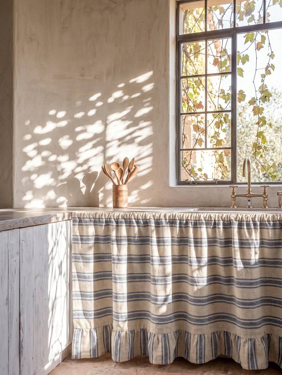 1/2pcs Beige & Blue Horizontal Striped Sink Skirt, Rustic Country Style Fabric Material, Rectangular Top With Pleated Detail And Bottom Ruffle Hem, Concealing Storage And Decorative Function, Kitchen Sink Curtain Suitable For Kitchen Sink Concealment And Natural Country Home Decor Scenes - Blue - View 1