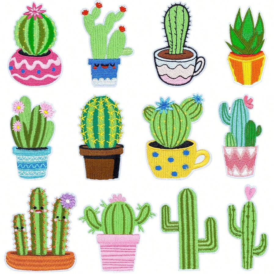 12Pcs Colorful Cactus Embroidered Patches, Cute Potted Plant Applique Patches For Jackets, Jeans, Backpacks, Hats & DIY Clothing Decor - Multiple Styles - View 1