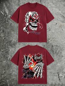 Luchador Mask Skull Graphic Tee, Double‑Sided Skeleton Hands Lightning Urban Grunge Art, 180g Pure Cotton Loose‑Fit Short Sleeve Top For Men - 酒紅色2 - 查看 15