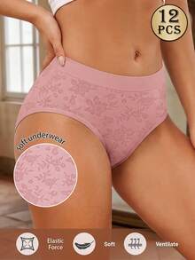 MEIYATING 12pcs Women's Mid-Low Waist Seamless Panties, Fashion Floral Print & Solid Color, Comfortable Breathable Fitted Triangle Underwear - Multicolor - View 5