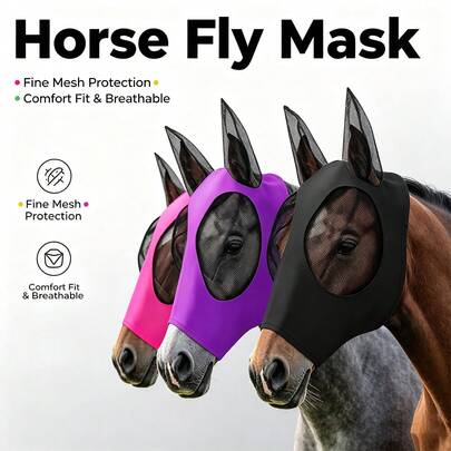 Máscara transpirable para mosca de caballo, cubierta facial de malla fina elástica con protección para las orejas, máscara protectora de caballo de ajuste cómodo para uso en pastizales al aire libre