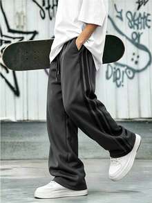 Men's Outdoor Casual Long Pants, Double Stripe Design, Ideal For Fitness, Outdoor Hiking And Back To School, Spring Sports - Dark Grey - View 3