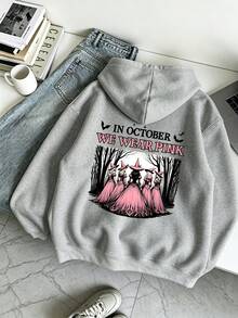 Plus Size Women's Hoodie, Casual Street Style, In October We Wear Pink, Pink Witch Print, With Drawstring And Pockets, Autumn/Winter, Halloween Hoodie - Grey - View 3
