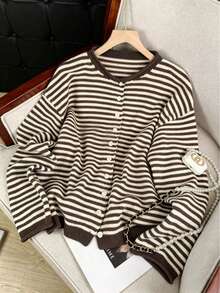 Women's Long Sleeve Color Block Striped Knit Cardigan Sweater Jacket With Buttons, Autumn/Winter Knit Top - Brown - View 6